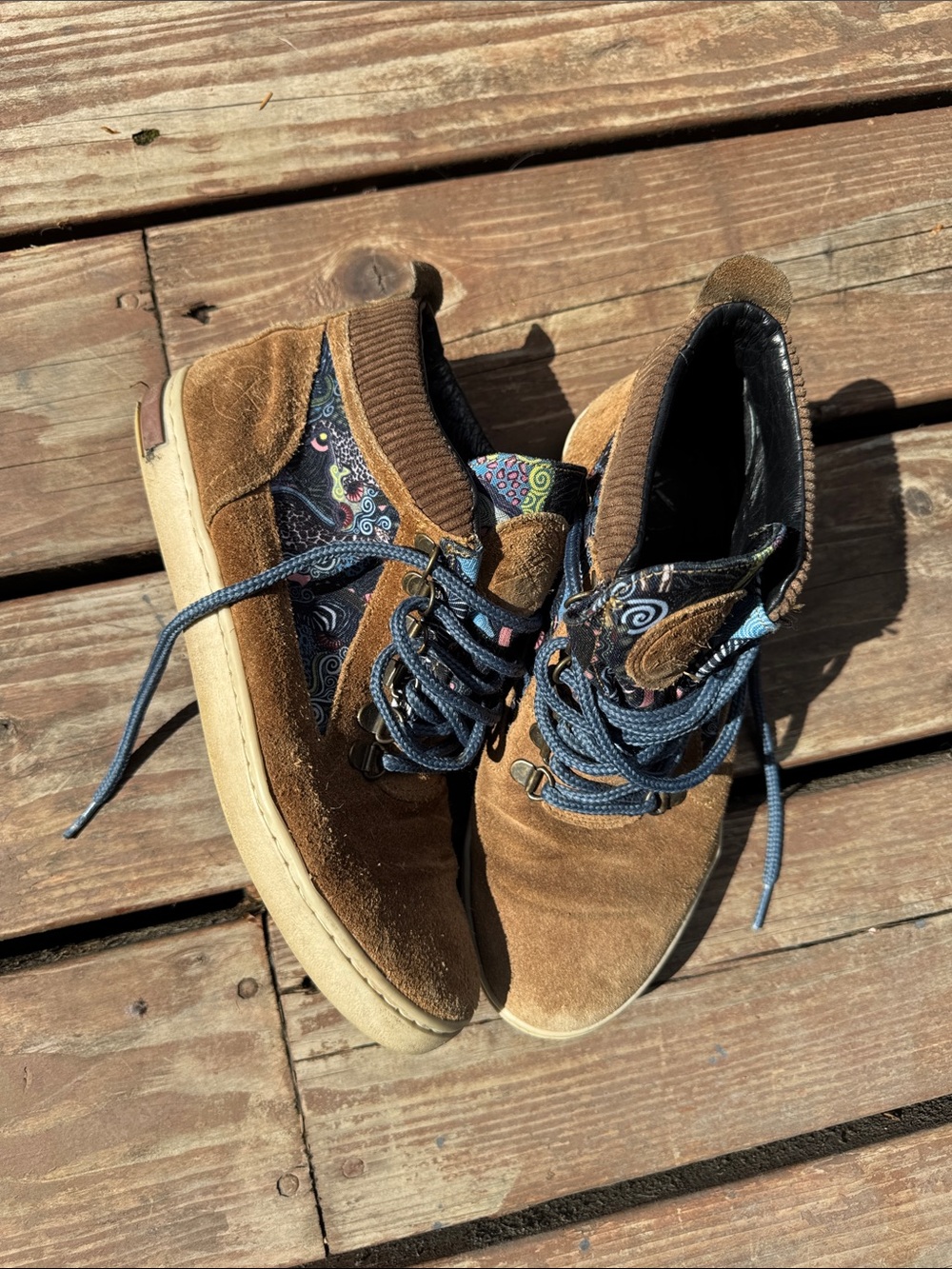 inkkas Brown Suede Ankle Booties with Blue Patterned Accents